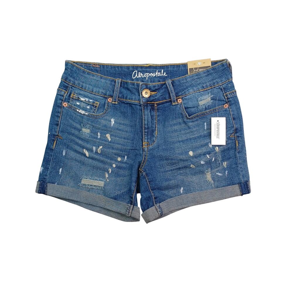 Aeropostale Denim Jean Shorts Women's 2 Boyfriend Low Rise Paint‎ Splatter Midi